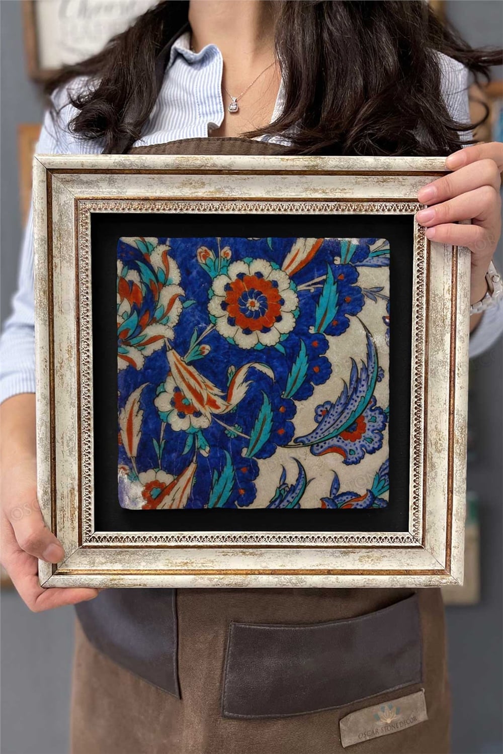 Oscar Stone Decor Çerçeveli Tablo Taş Duvar Dekoru 30 X 30 Cm Seramik Çini Tasarımlı Porselen Desen
