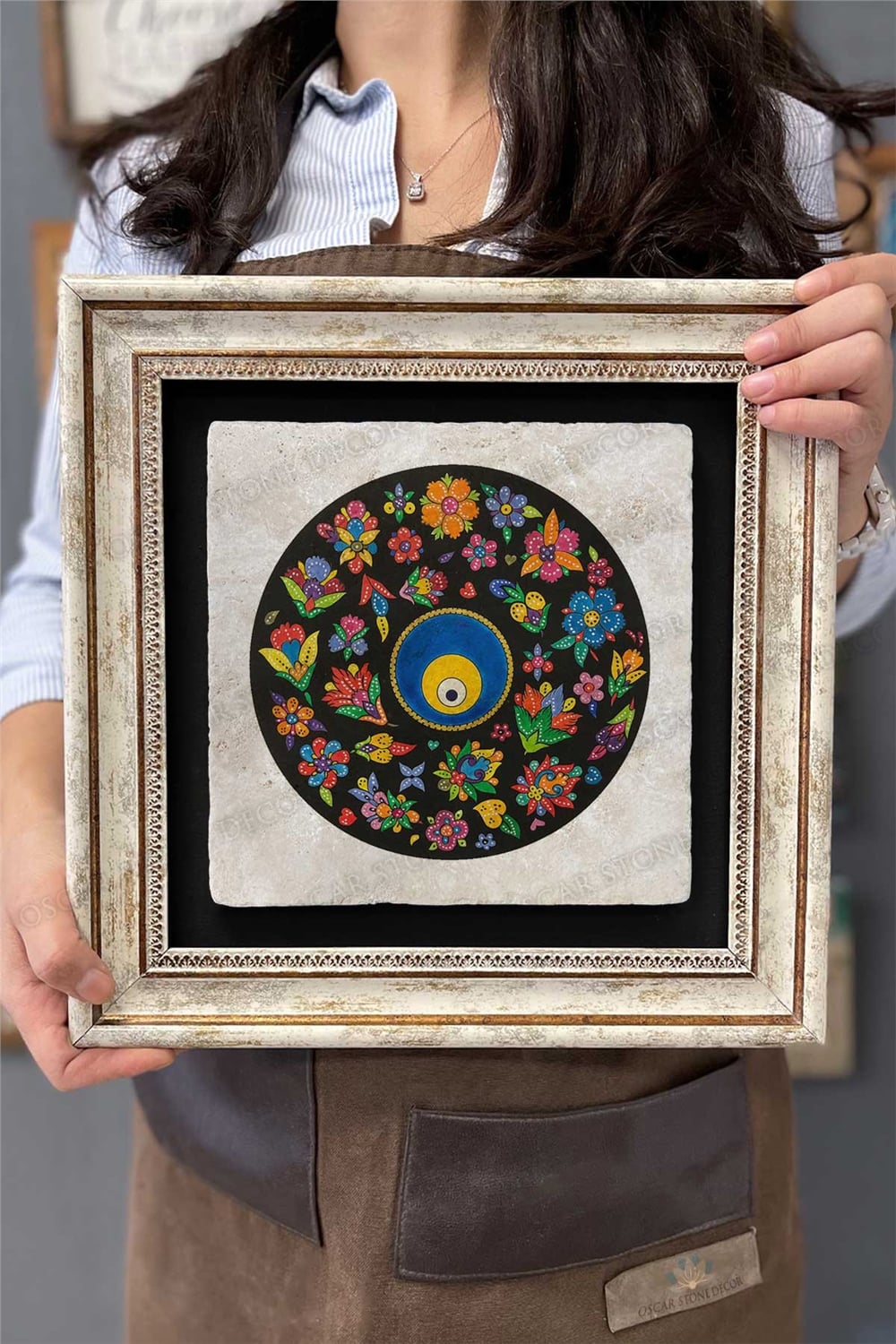 Oscar Stone Decor Çerçeveli Tablo Taş Duvar Dekoru 30 X 30 Cm Çiçekli Nazar Boncuğu