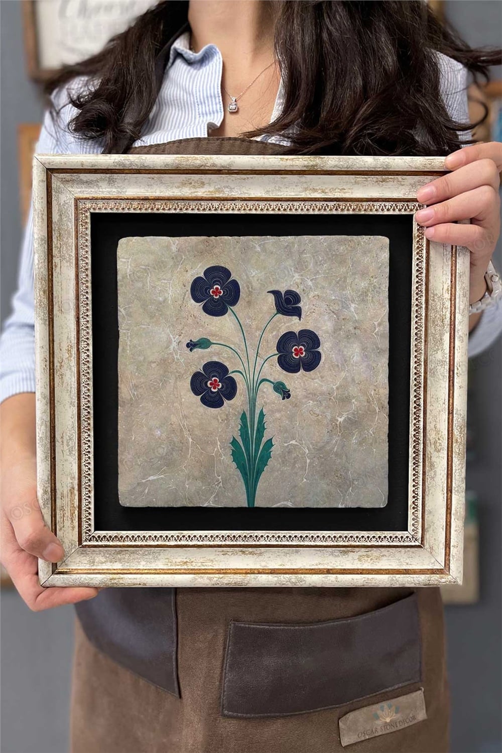 Oscar Stone Decor Çerçeveli Tablo Taş Duvar Dekoru 30 X 30 Cm Ebruli Çiçek Tasarım Tablo