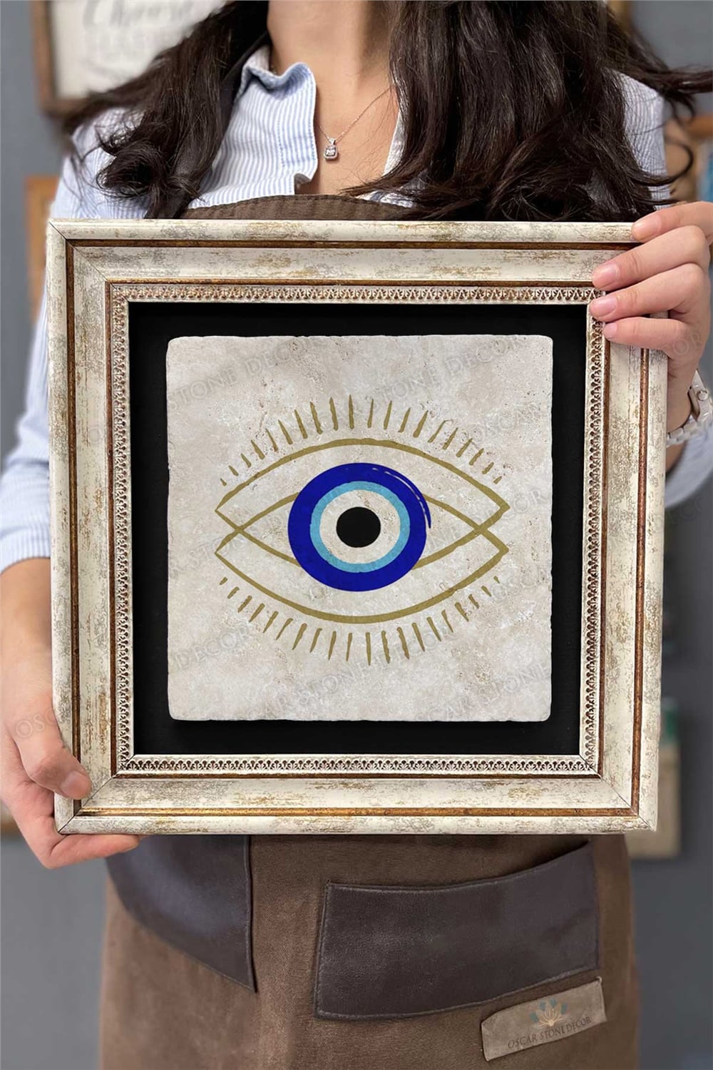 Oscar Stone Decor Çerçeveli Tablo Taş Duvar Dekoru 30 X 30 Cm Nazar Boncuğu Göz Tablosu