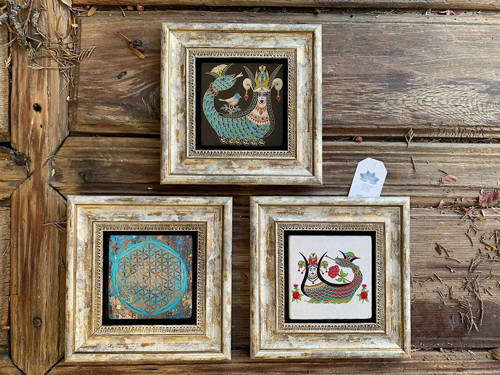 Oscar Stone Decor Çerçeveli Taş Duvar Dekoru Tablo 3'lü Set 20x20cm Şahmeran Seti ve Yaşam Çiçeği