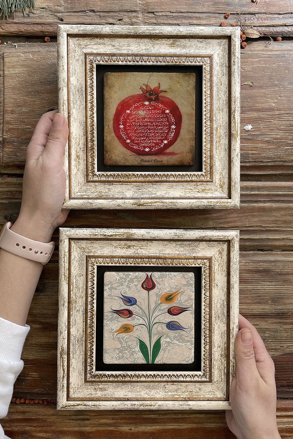 Oscar Stone Decor Çerçeveli Taş Duvar Dekoru Tablo 20x20cm 2'li Set (1104-499) Bereket Nar Ebruli
