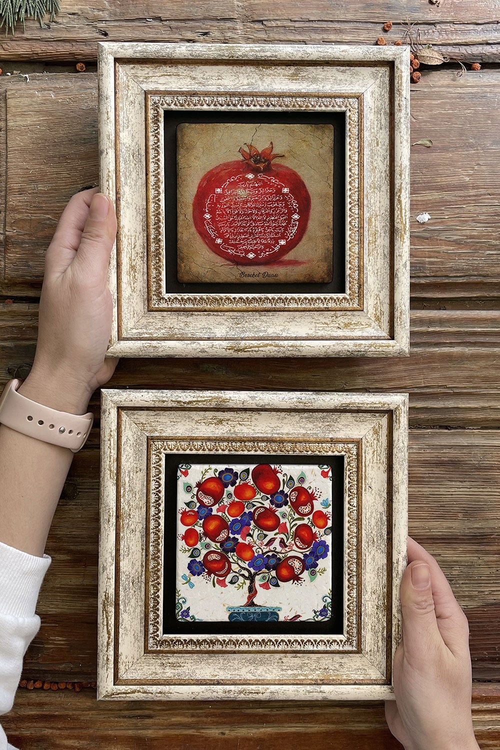 Oscar Stone Decor Çerçeveli Taş Duvar Dekoru Tablo 20x20cm 2'li Set (1104-471) Bereket Nar Ağacı