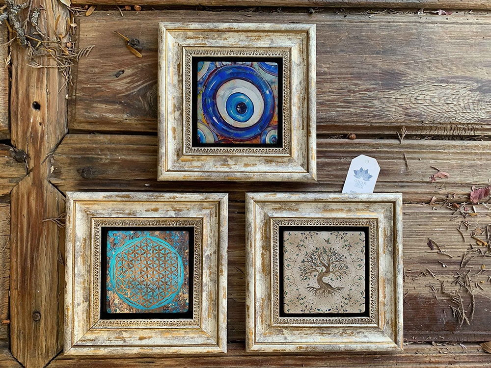 Oscar Stone Decor Çerçeveli Taş Duvar Dekoru Tablo 3'lü Set 20x20cm Yaşam Çiçeği Nazar Hayat Ağacı