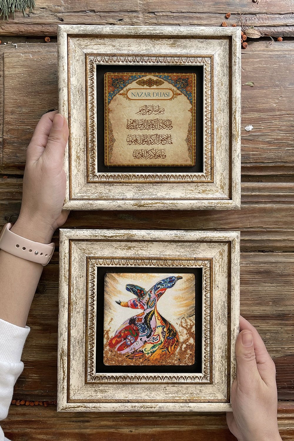 Oscar Stone Decor Çerçeveli Taş Duvar Dekoru Tablo 20x20cm 2'li Set (464-60) Nazar Dua Semazen