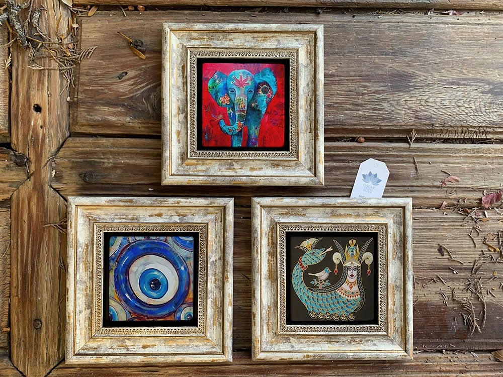 Oscar Stone Decor Çerçeveli Taş Duvar Dekoru Tablo 3'lü Set 20x20cm Şahmeran Fil ve Nazar Boncuğu