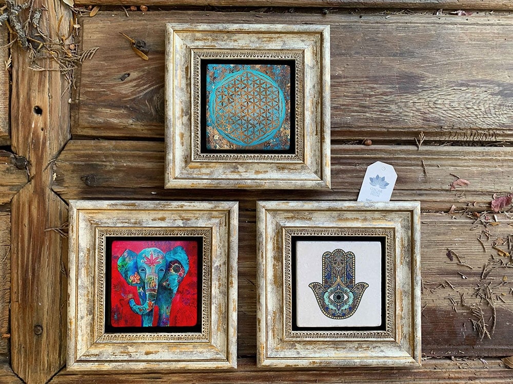 Oscar Stone Decor Çerçeveli Taş Duvar Dekoru Tablo 3'lü Set 20x20cm Fatma Ana Fil ve Yaşam Çiçeği