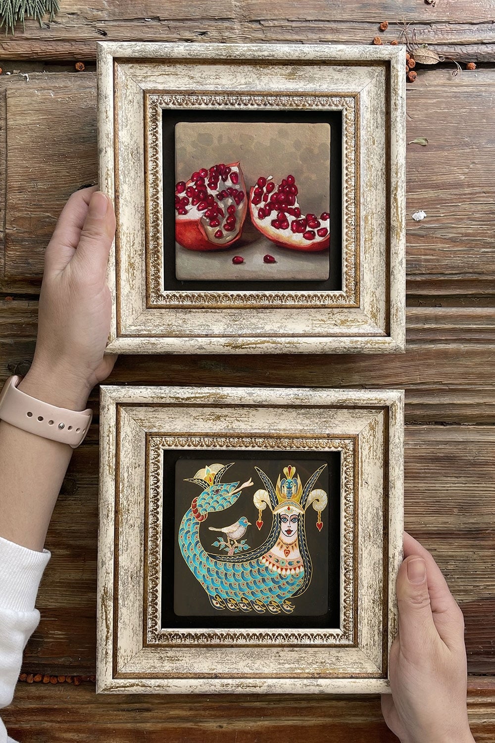 Oscar Stone Decor Çerçeveli Taş Duvar Dekoru Tablo 20x20cm 2'li Set (1213-476) Şahmeran Nar