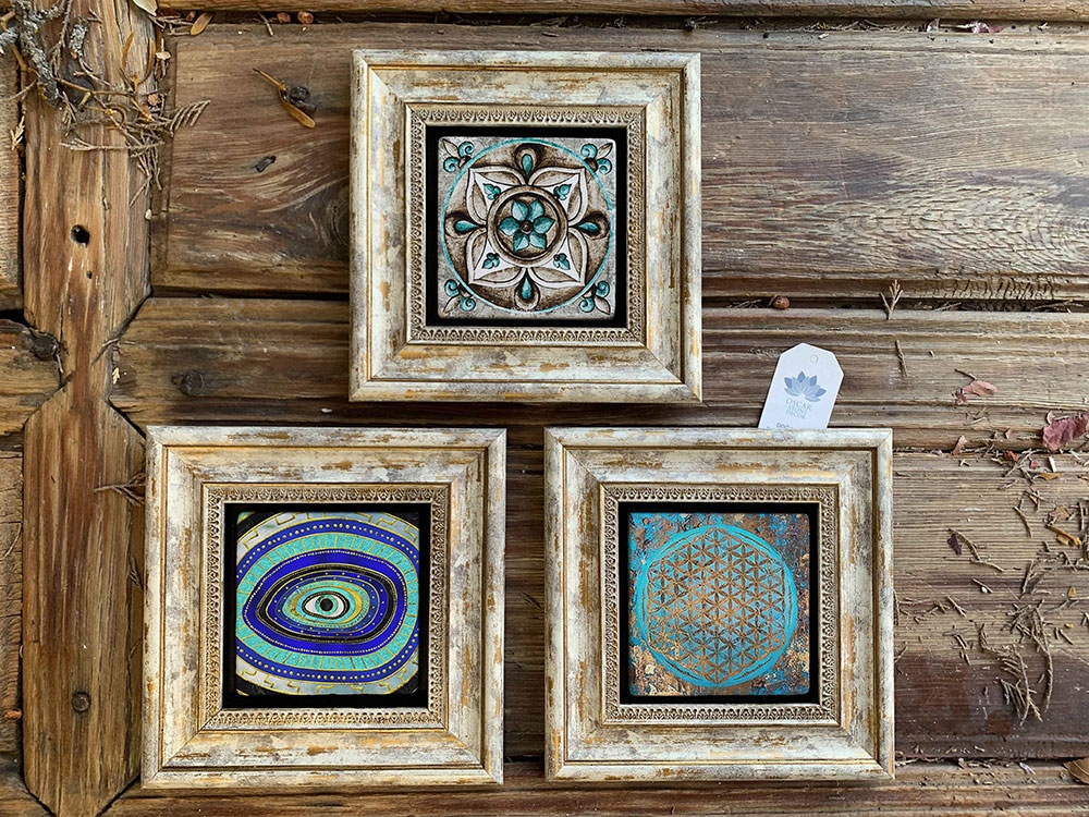 Oscar Stone Decor Çerçeveli Taş Duvar Dekoru Tablo 3'lü Set 20x20cm Nazar Göz Yaşam Çiçeği Desen