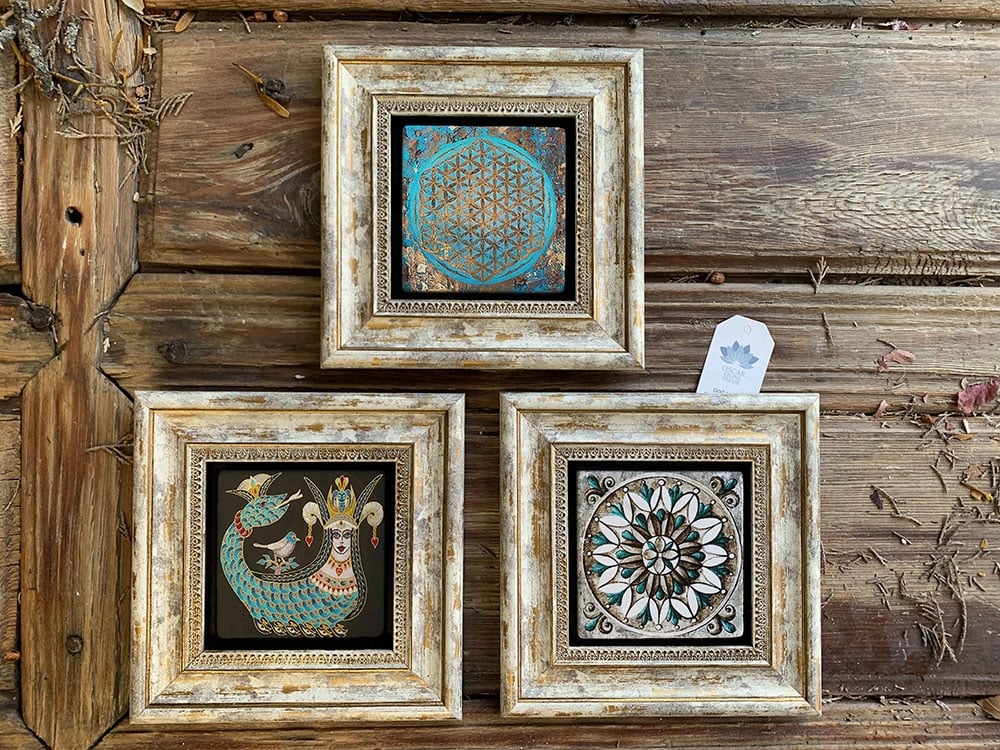 Oscar Stone Decor Çerçeveli Taş Duvar Dekoru Tablo 3'lü Set 20x20cm Şahmeran Desen Yaşam Çiçeği