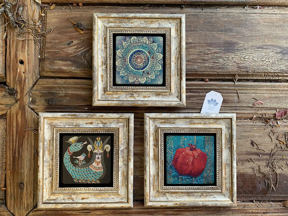 Oscar Stone Decor Çerçeveli Taş Duvar Dekoru Tablo 3'lü Set 20x20cm Desen Şahmeran Nar