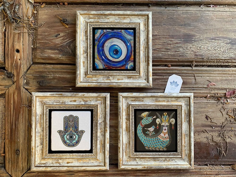 Oscar Stone Decor Çerçeveli Taş Duvar Dekoru Tablo 3'lü Set 20x20cm Nazar Şahmeran Fatma Ana Eli