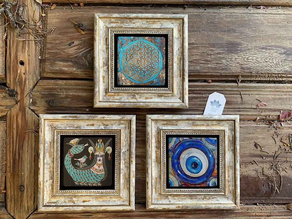 Oscar Stone Decor Çerçeveli Taş Duvar Dekoru Tablo 3'lü Set 20x20cm Nazar Şahmeran Yaşam Çiçeği