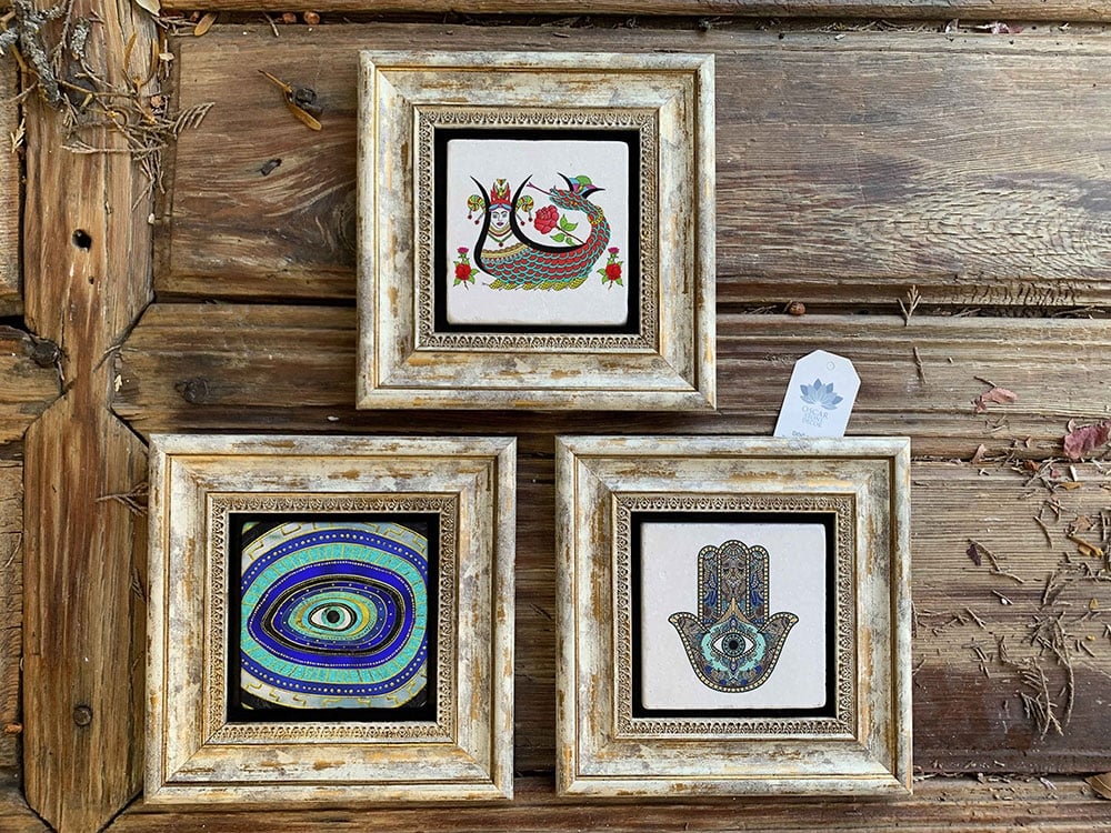 Oscar Stone Decor Çerçeveli Taş Duvar Dekoru Tablo 3'lü Set 20x20cm Fatma Ana Nazar Göz Şahmeran