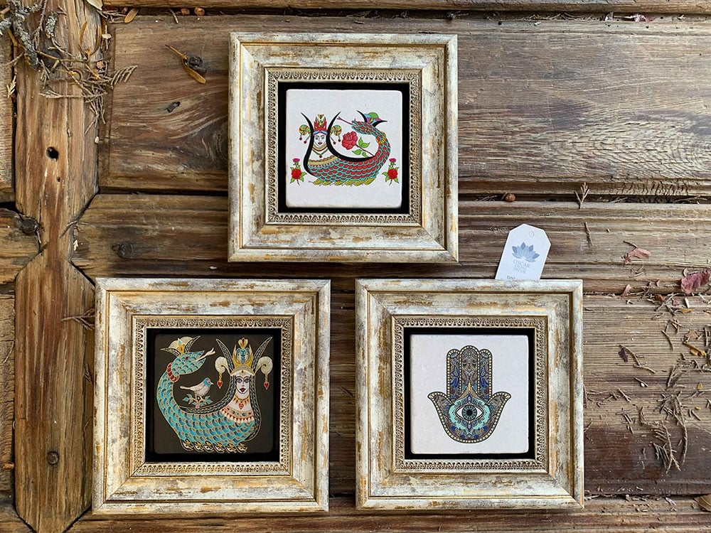 Oscar Stone Decor Çerçeveli Taş Duvar Dekoru Tablo 3'lü Set 20x20cm Şahmeran Seti ve Yaşam Çiçeği
