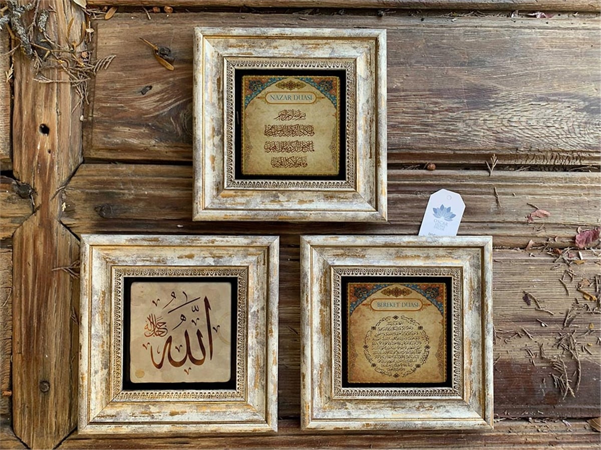 Oscar Stone Decor Çerçeveli Taş Duvar  Dekoru 20 x 20 cm 3 ü set Bereket Nazar Duası ve Allah Yazısı