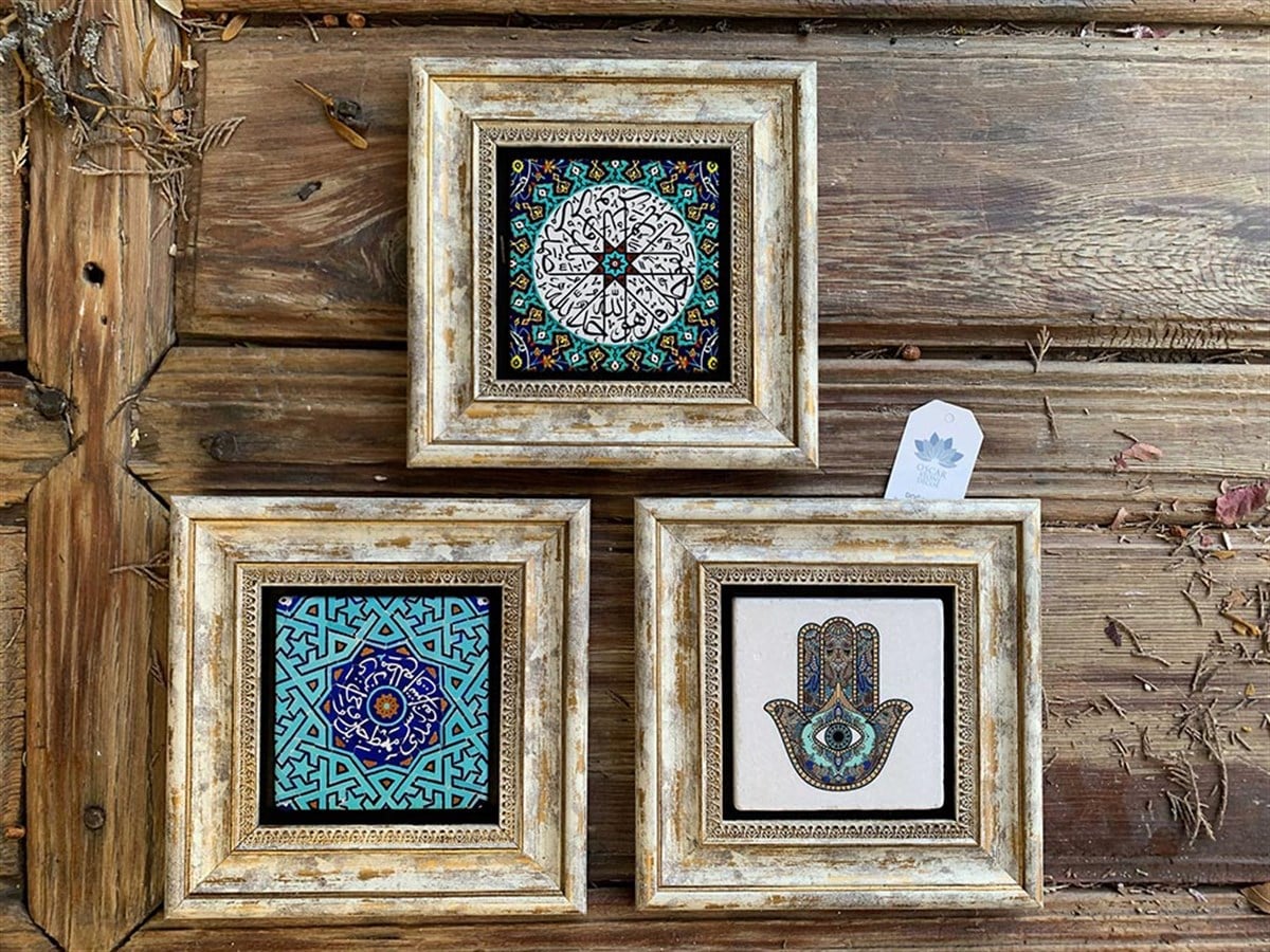 Oscar Stone Decor Çerçeveli Taş Duvar  Dekoru 20 x 20 cm 3 lü set Fatma Ana Eli Çini Desenli Dualar