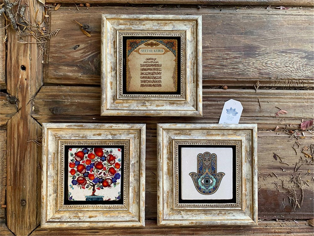 Oscar Stone Decor Çerçeveli Taş Duvar Dekoru 20 x 20 cm 3lü set Nar Ağacı Ayetel kürsi Fatma Ana Eli