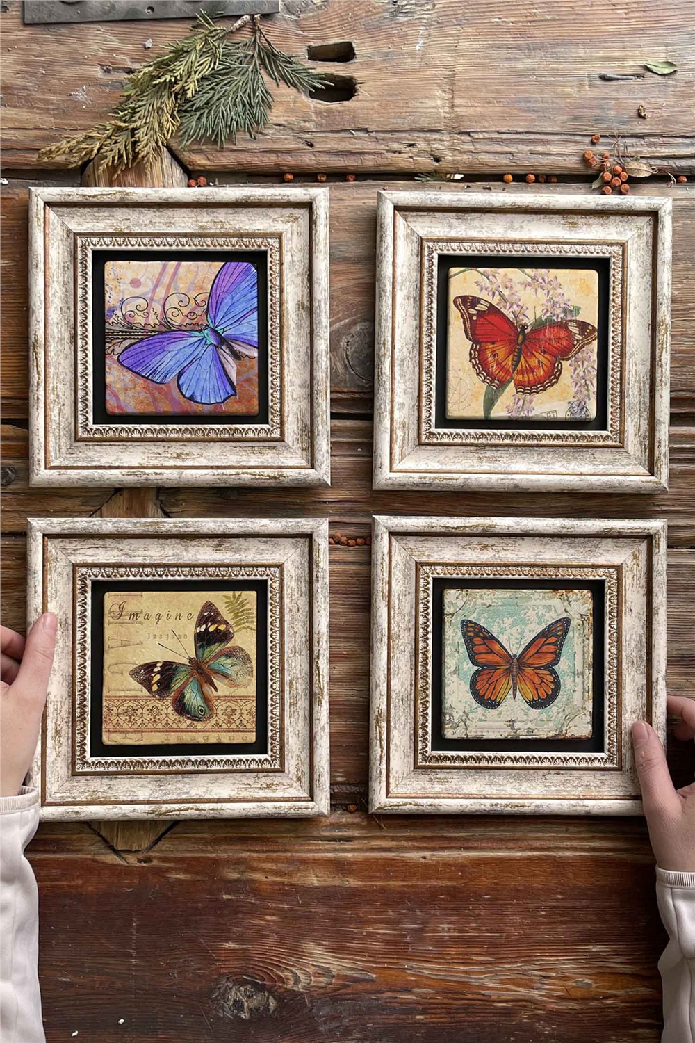 Oscar Stone Decor Çerçeveli Taş Tablo Duvar Dekoru 20x20cm 4'lü Set