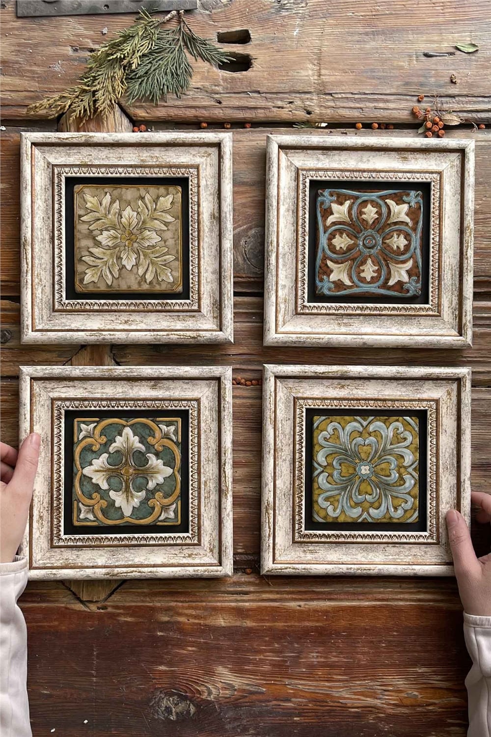 Oscar Stone Decor Çerçeveli Taş Tablo Duvar Dekoru 20x20cm 4'lü Set Mozaik Eskitme