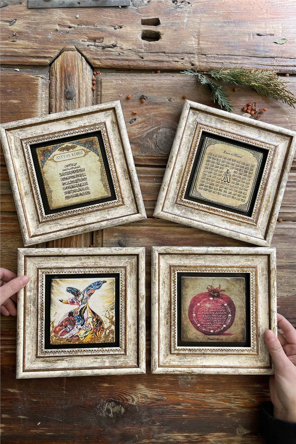 Oscar Stone Decor Çerçeveli Taş Tablo 20x20cm 4'lü Set(463-538-60-1104)Ayet Esmaül Semazen Bereket