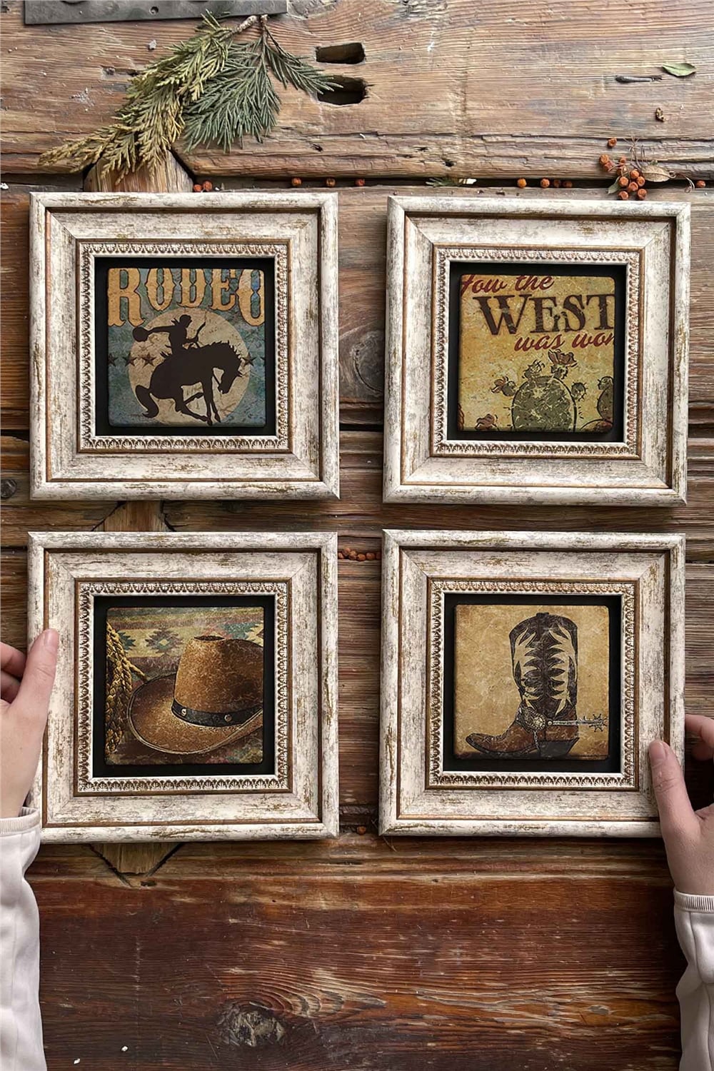 Oscar Stone Decor Çerçeveli Taş Tablo Duvar Dekoru 20x20cm 4'lü Set Rodeo West Kovboy Set