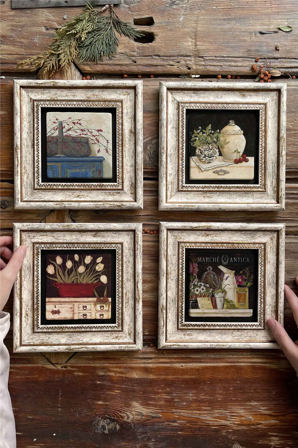 Oscar Stone Decor Çerçeveli Taş Tablo Duvar Dekoru 20x20cm 4'lü Set
