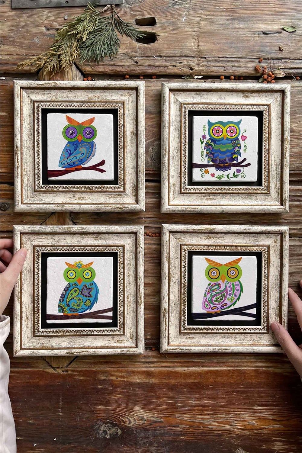 Oscar Stone Decor Çerçeveli Taş Tablo Duvar Dekoru 20x20cm 4'lü Set Baykuş Seti