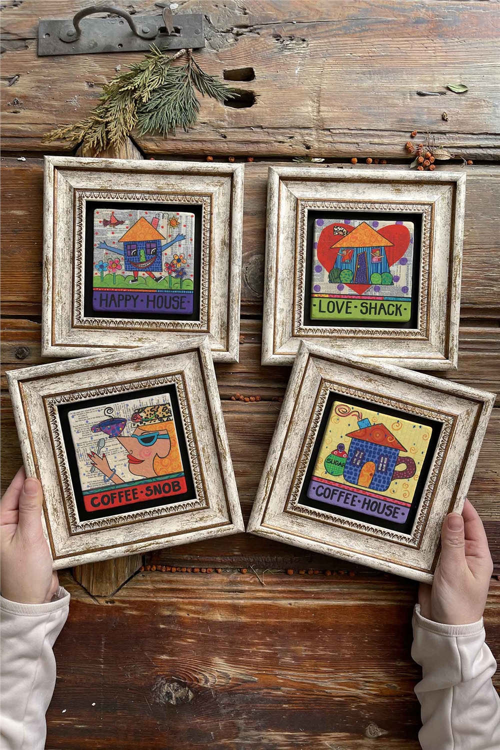 Oscar Stone Decor Çerçeveli Taş Tablo Duvar Dekoru 20x20cm 4'lü Set Happy House Coffee House