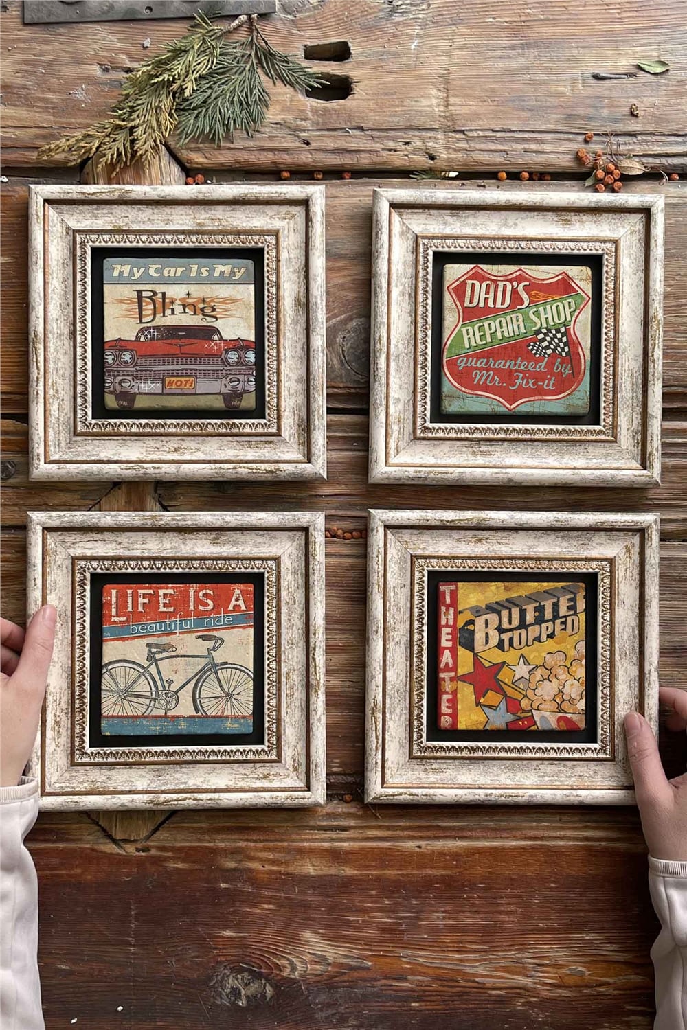 Oscar Stone Decor Çerçeveli Taş Tablo Duvar Dekoru 20x20cm 4'lü Set Vintage Set
