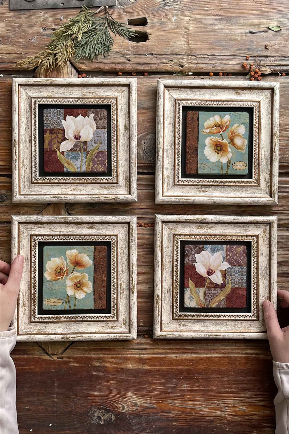 Oscar Stone Decor Çerçeveli Taş Tablo Duvar Dekoru 20x20cm 4'lü Set Çiçek Flower Set