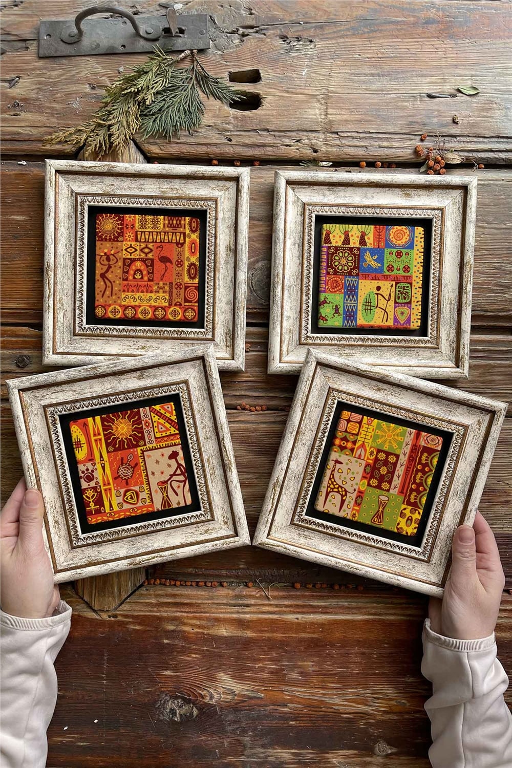 Oscar Stone Decor Çerçeveli Taş Tablo Duvar Dekoru 20x20cm 4'lü Set Afrika African Set