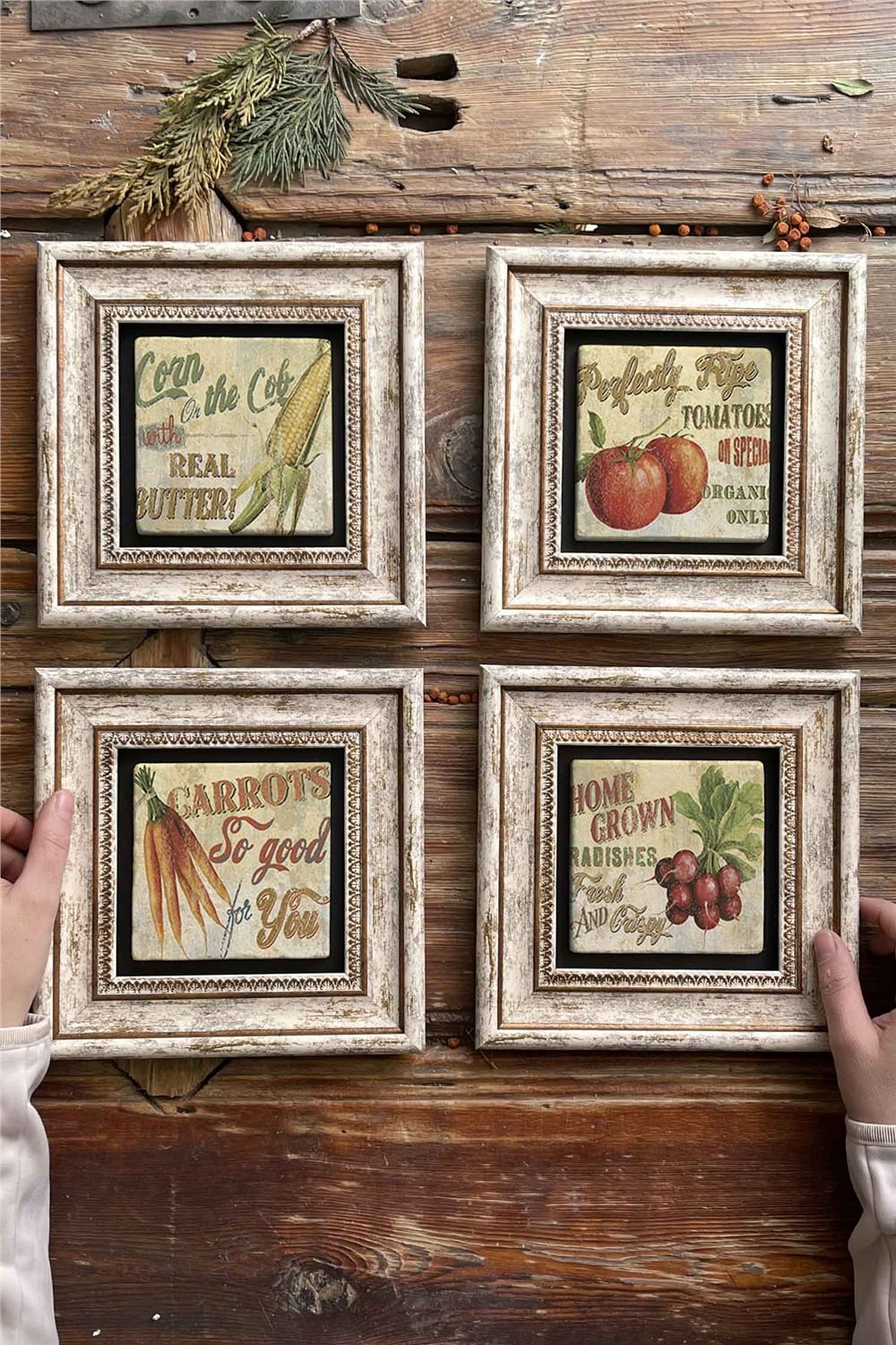 Oscar Stone Decor Çerçeveli Taş Tablo Duvar Dekoru 20x20cm 4'lü Set Mutfak Carrots Domates Havuç