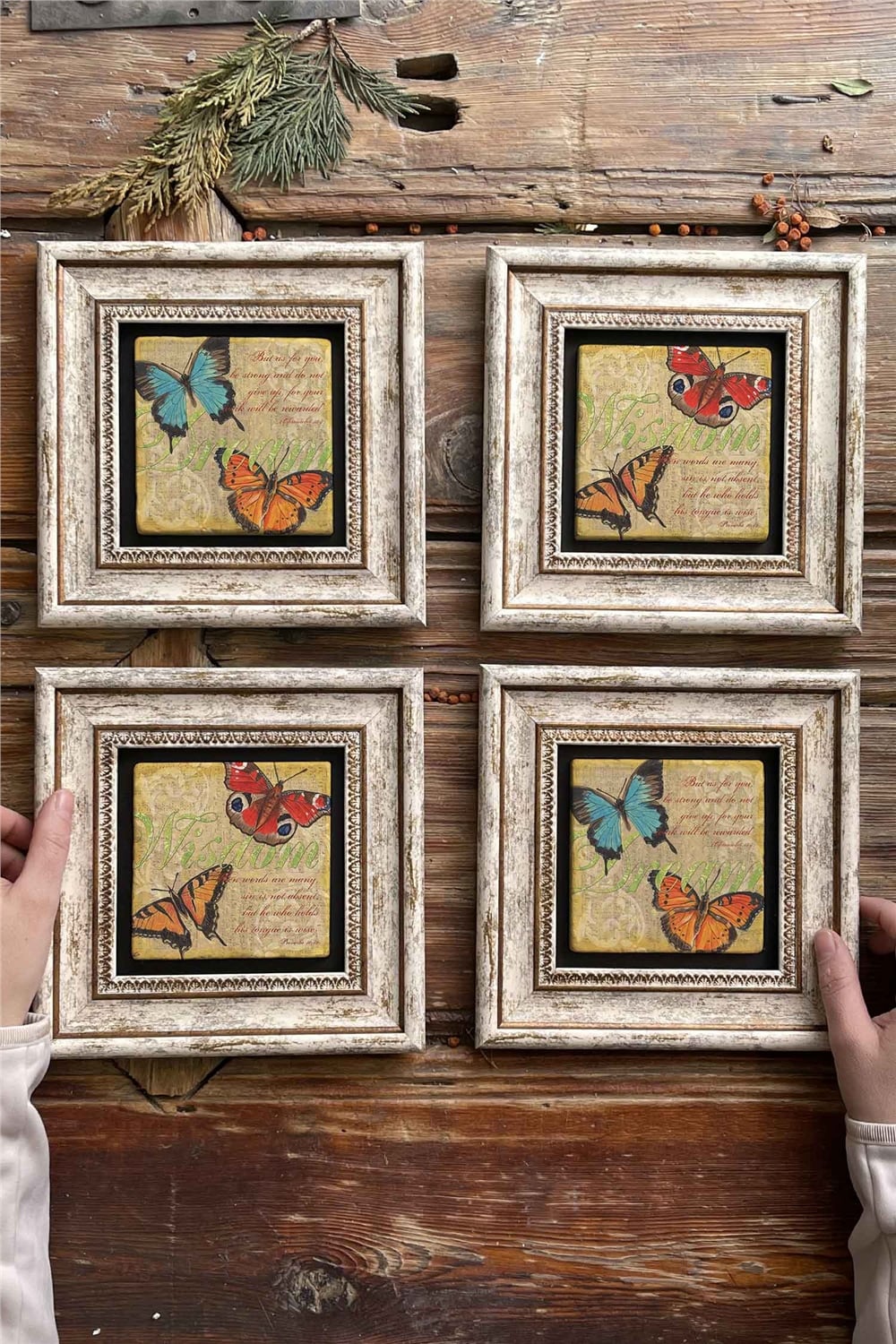 Oscar Stone Decor Çerçeveli Taş Tablo Duvar Dekoru 20x20cm 4'lü Set Kelebek Butterfly Set