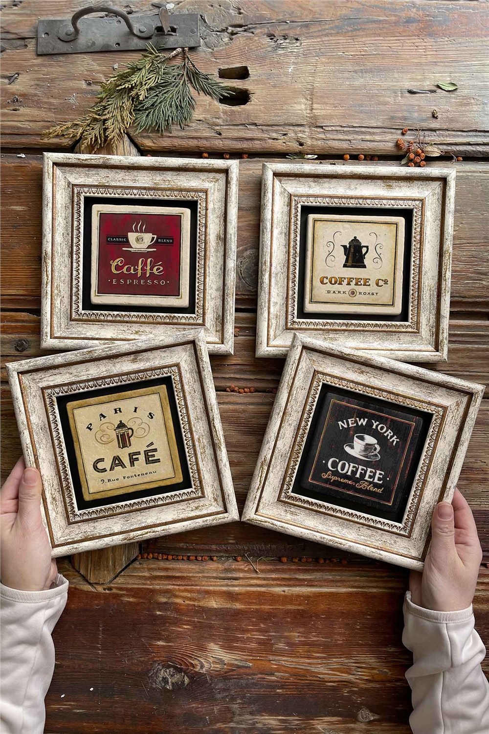 Oscar Stone Decor Çerçeveli Taş Tablo Duvar Dekoru 20x20cm 4'lü Set Cafe Coffee