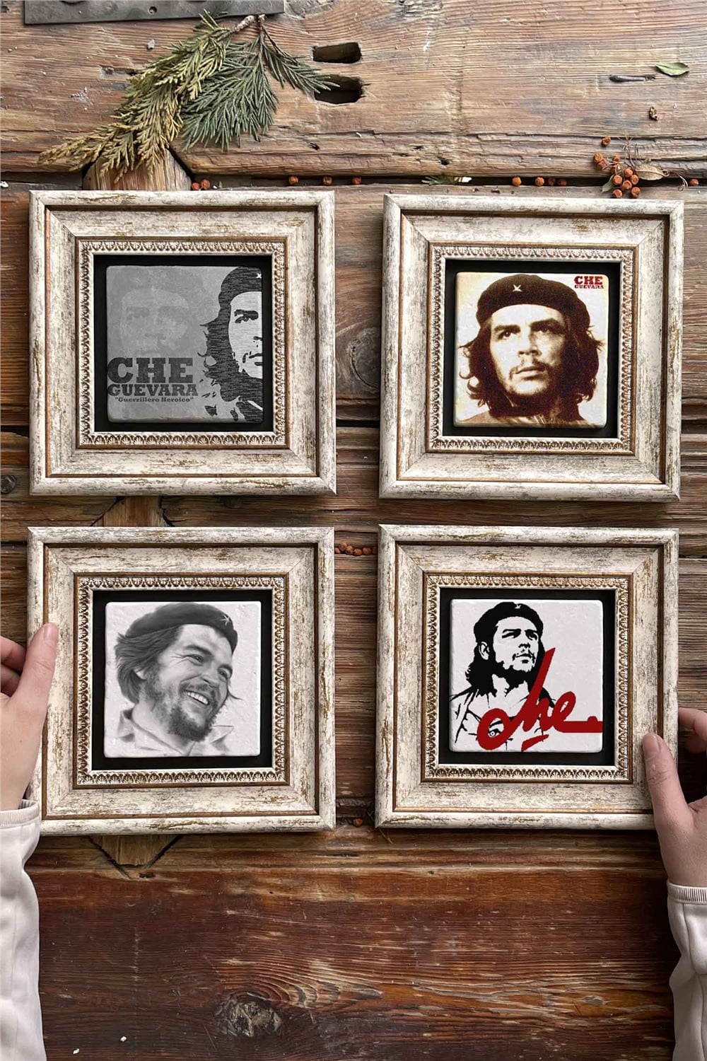 Oscar Stone Decor Çerçeveli Taş Tablo Duvar Dekoru 20x20cm 4'lü Set Che Guevara Tablo
