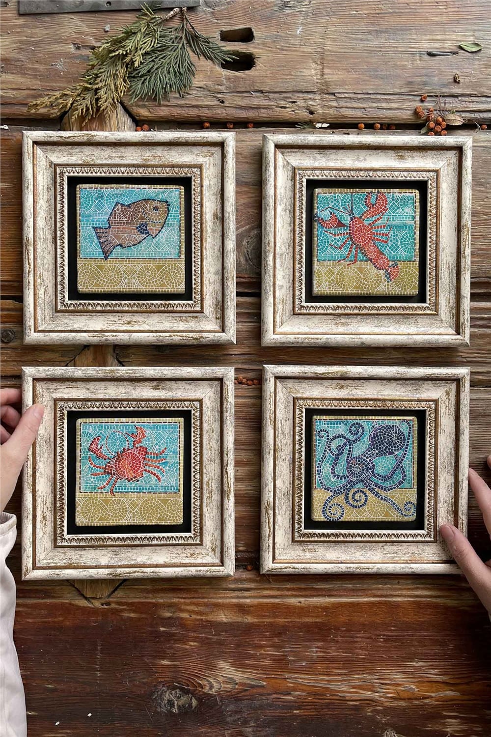 Oscar Stone Decor Çerçeveli Taş Tablo Duvar Dekoru 20x20cm 4'lü Set Mosaic Marble