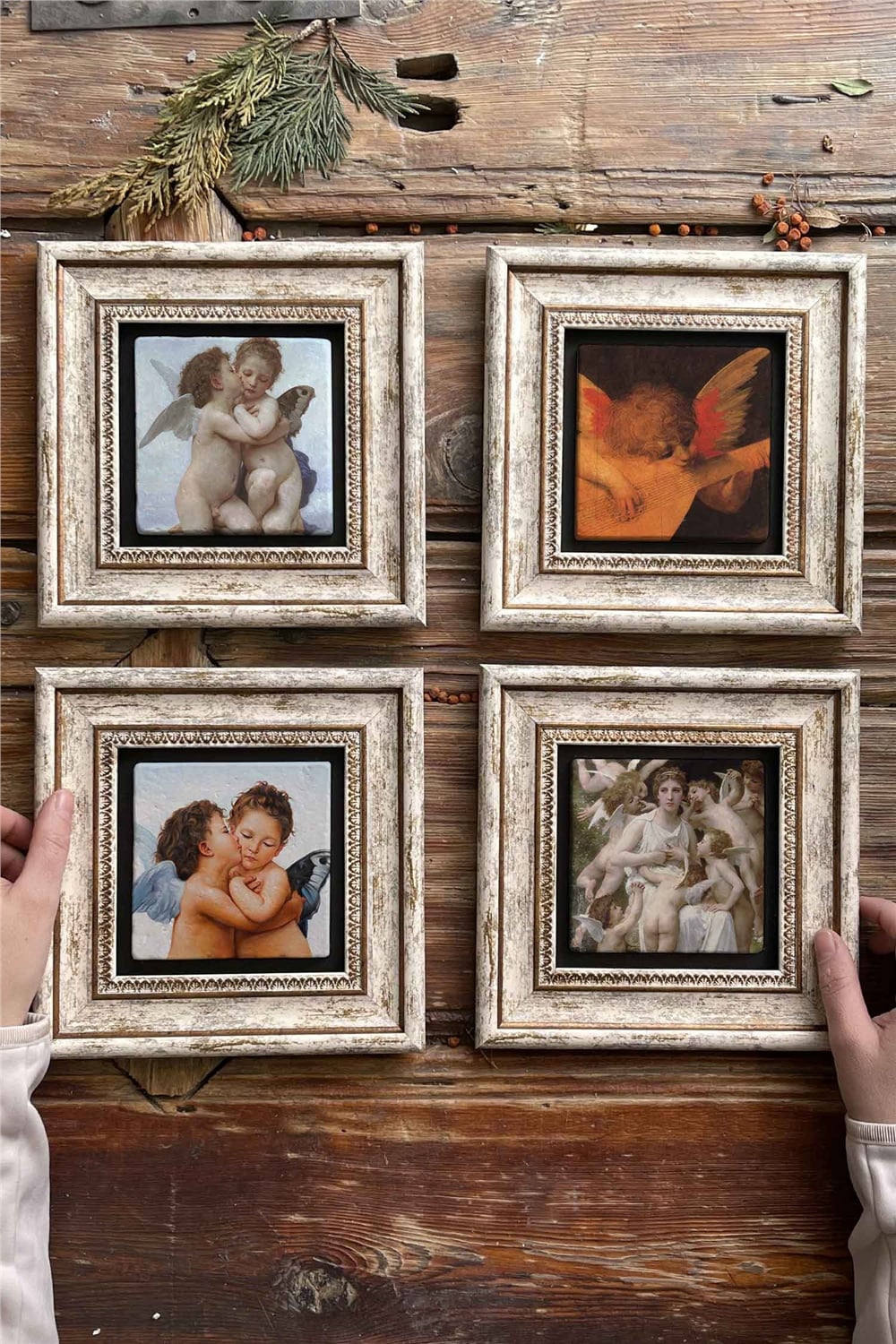 Oscar Stone Decor Çerçeveli Taş Tablo Duvar Dekoru 20x20cm 4'lü Set Melek Tabloları