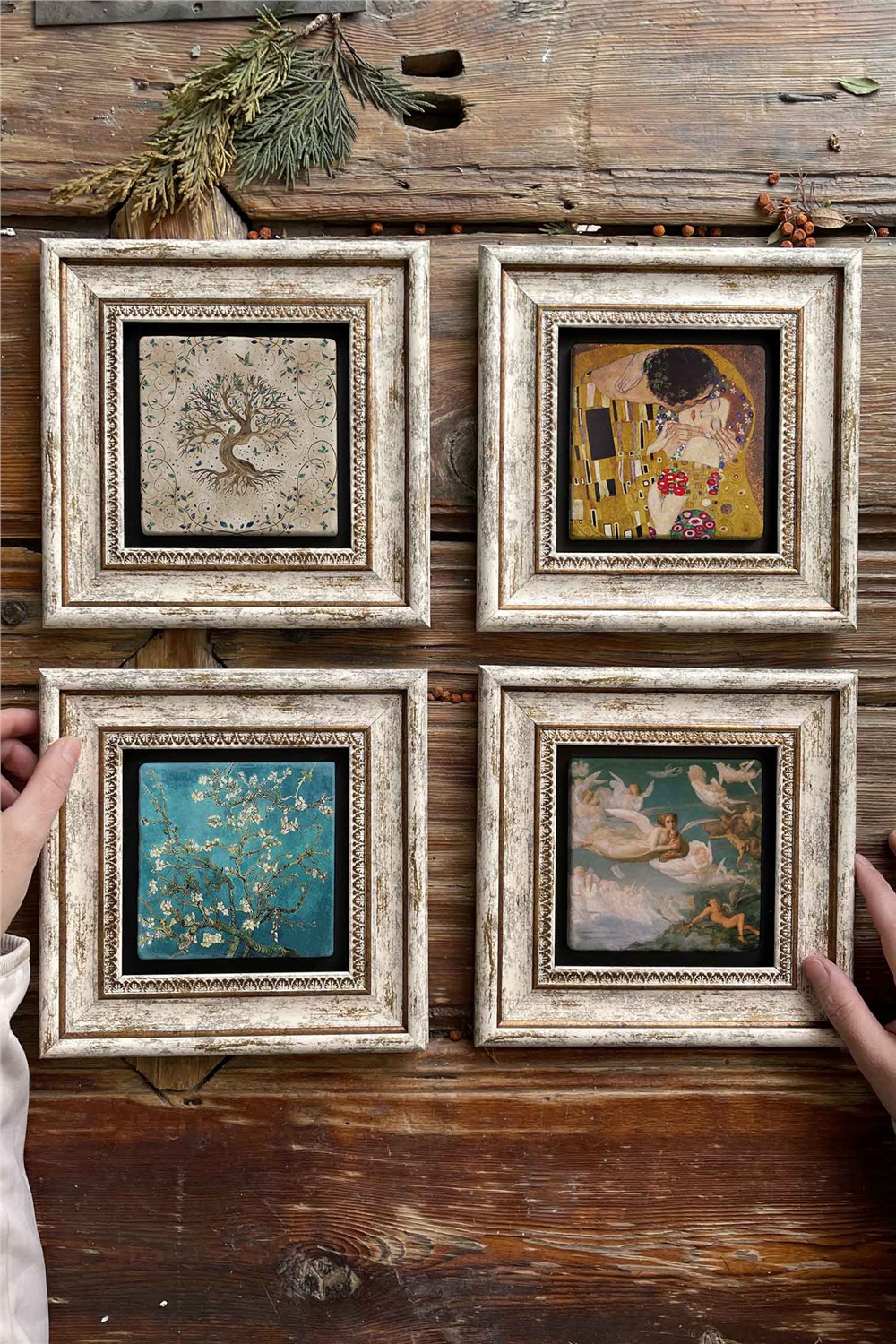 Oscar Stone Decor Çerçeveli Taş Tablo Duvar Dekoru 20x20cm 4'lü Set Gustav Klimt Tabloları Rönesans