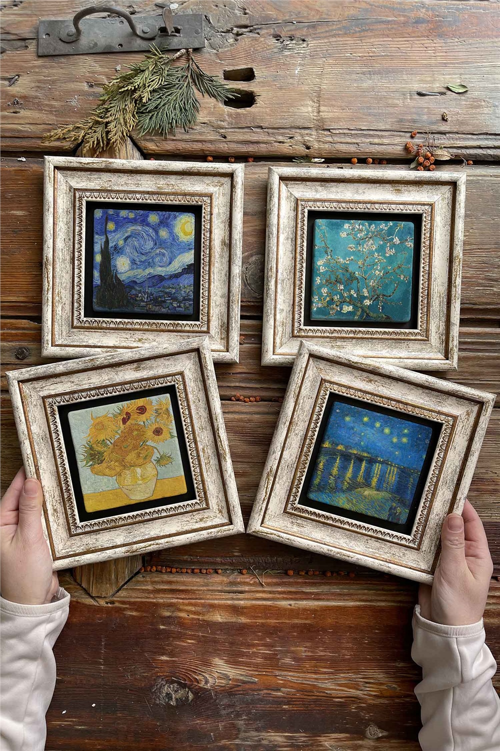 Oscar Stone Decor Çerçeveli Taş Tablo Duvar Dekoru 20x20cm 4'lü Set Van Gogh Tabloları
