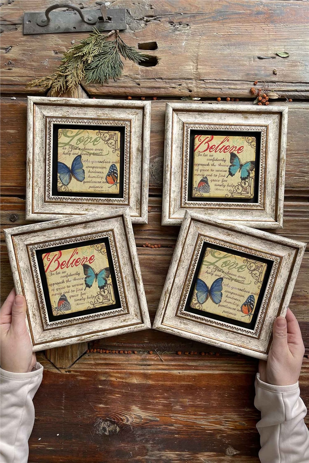 Oscar Stone Decor Çerçeveli Taş Tablo Duvar Dekoru 20x20cm 4'lü Set Kelebek Butterfly Set