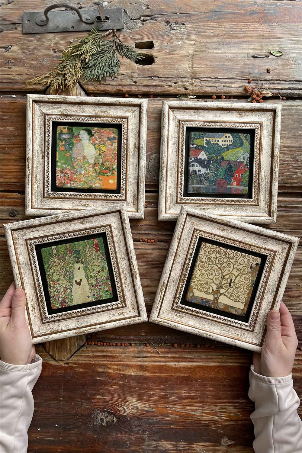 Oscar Stone Decor Çerçeveli Taş Tablo Duvar Dekoru 20x20cm 4'lü Set Gustav Klimt Tabloları