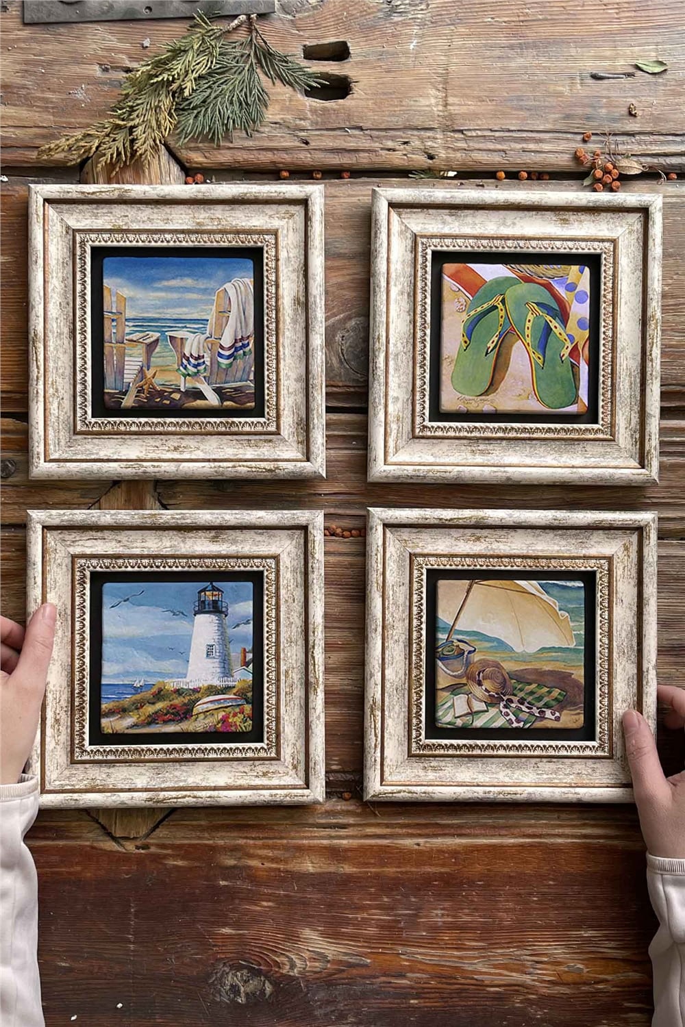 Oscar Stone Decor Çerçeveli Taş Tablo Duvar Dekoru 20x20cm 4'lü Set Yaz Tatili Şezlong Terlik Seti