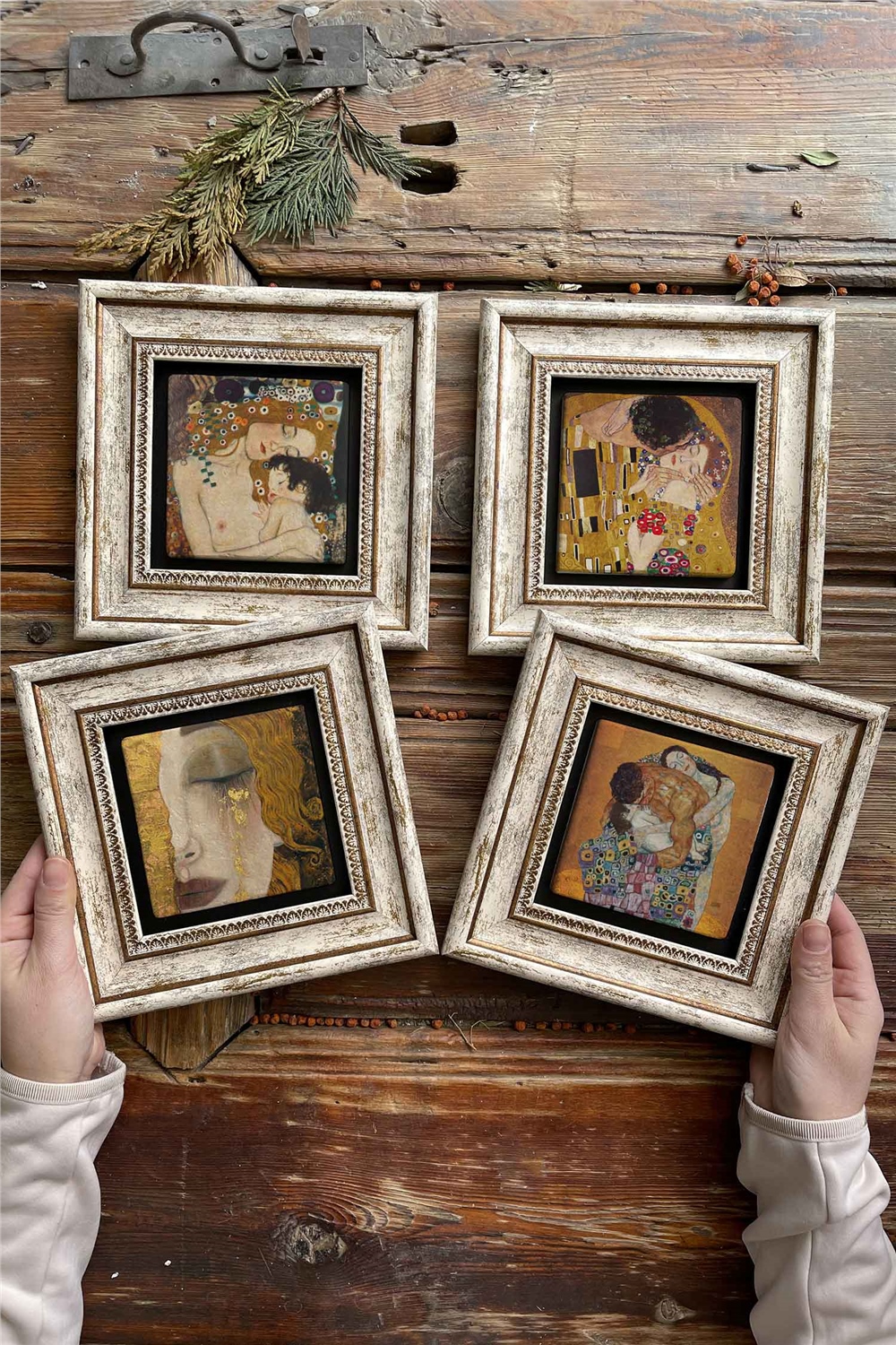 Oscar Stone Decor Çerçeveli Taş Tablo Duvar Dekoru 20x20cm 4'lü Set Gustav Klimt Tabloları