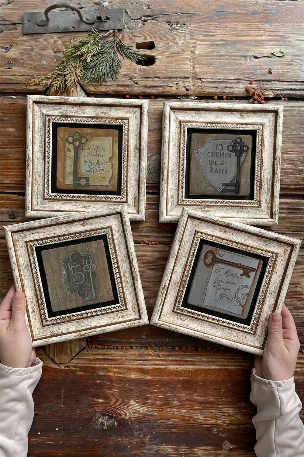 Oscar Stone Decor Çerçeveli Taş Tablo Duvar Dekoru 20x20cm 4'lü Set Key Anahtar Seti