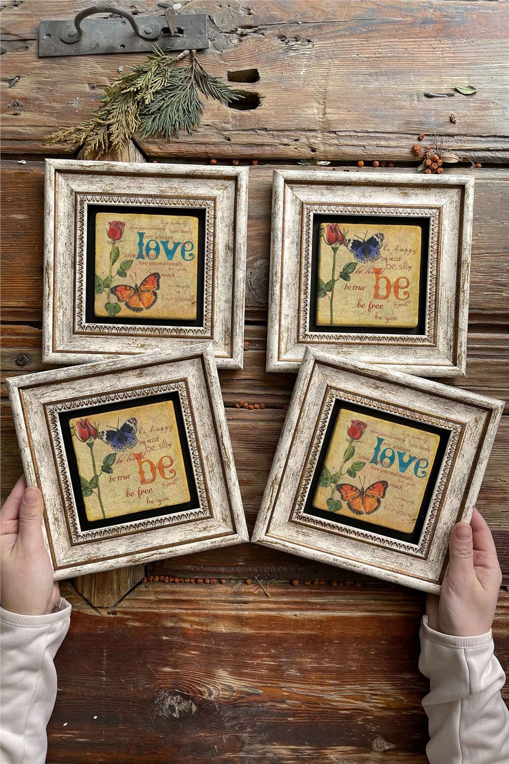 Oscar Stone Decor Çerçeveli Taş Tablo Duvar Dekoru 20x20cm 4'lü Set Love be Set