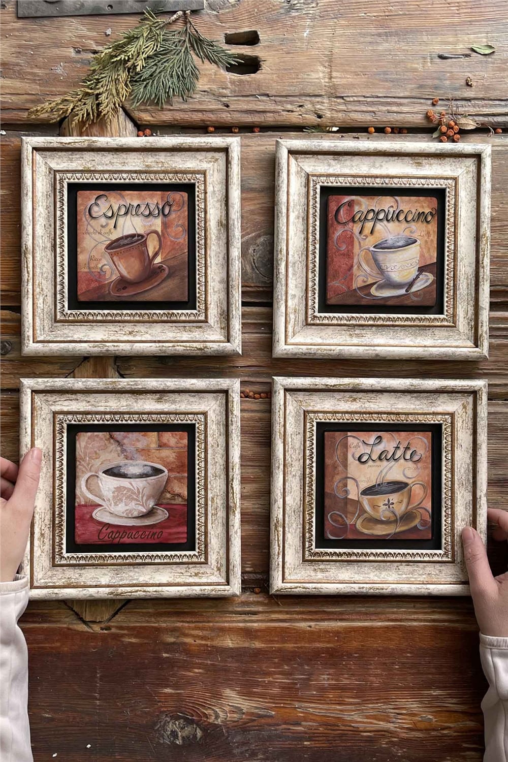 Oscar Stone Decor Çerçeveli Taş Tablo Duvar Dekoru 20x20cm 4'lü Set Espresso Latte Cappucino Set