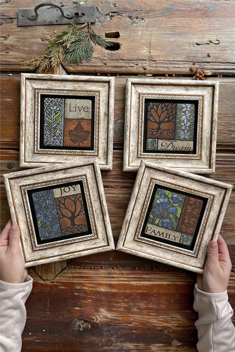 Oscar Stone Decor Çerçeveli Taş Tablo Duvar Dekoru 20x20cm 4'lü Set
