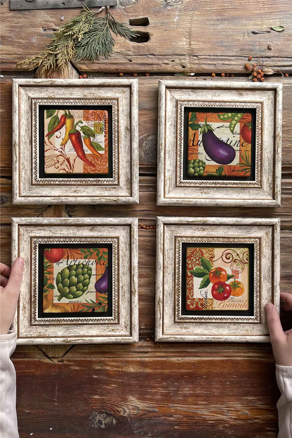 Oscar Stone Decor Çerçeveli Taş Tablo Duvar Dekoru 20x20cm 4'lü Set Mutfak