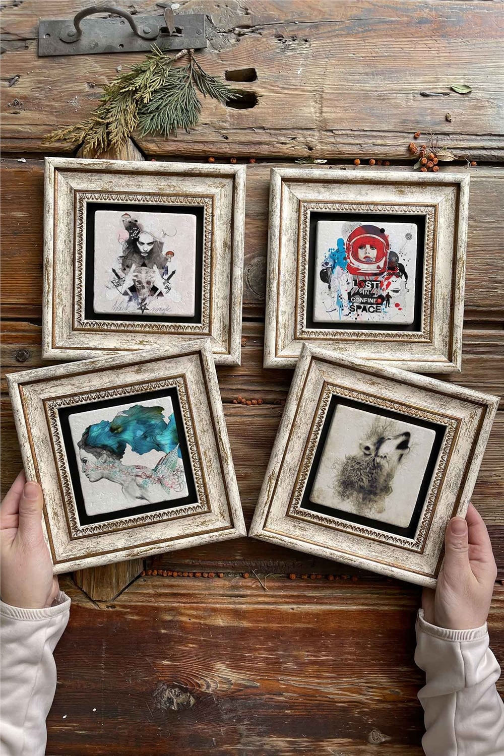 Oscar Stone Decor Çerçeveli Taş Tablo Duvar Dekoru 20x20cm 4'lü Set